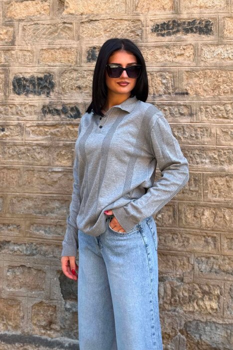POLO NECK ONE COLOR SIMPLE WOMEN SWEATER GREY/GRI - 5