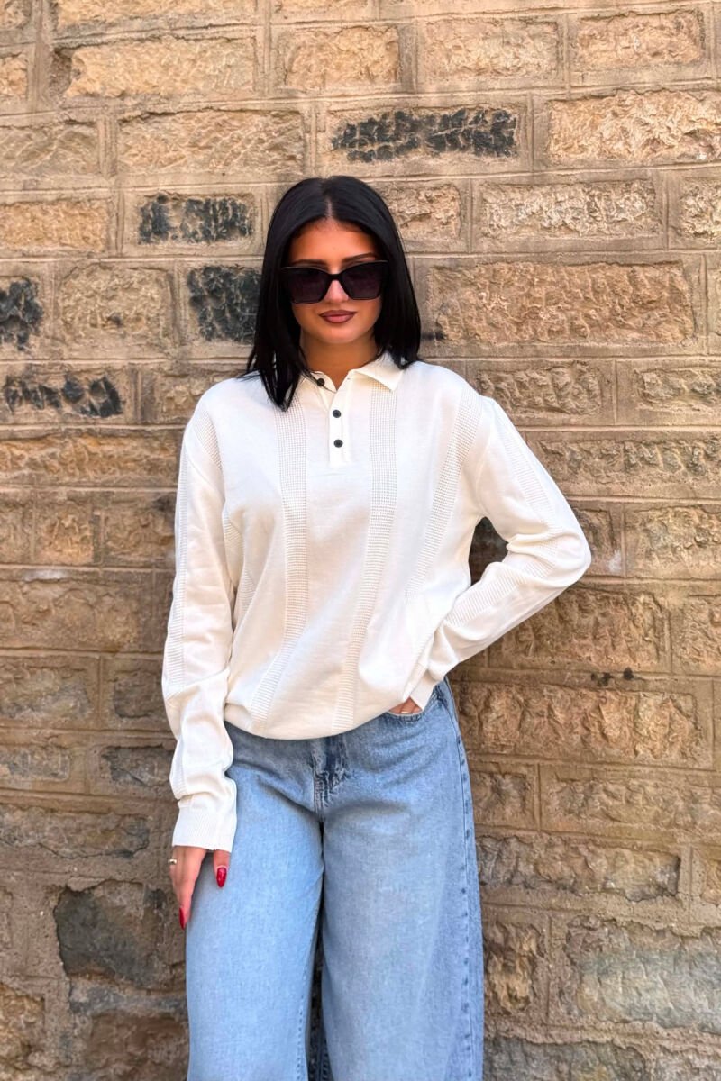 POLO NECK ONE COLOR SIMPLE WOMEN SWEATER WHITE-E BARDHE - 1