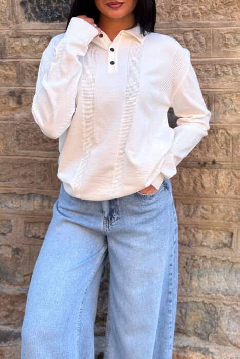 POLO NECK ONE COLOR SIMPLE WOMEN SWEATER WHITE-E BARDHE - 2