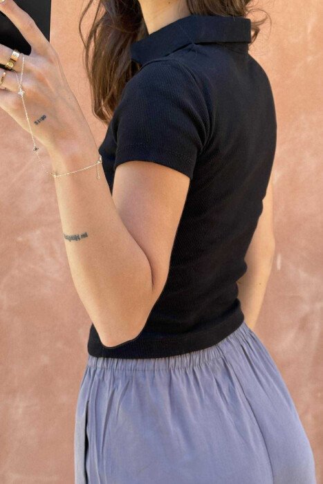 POLO NECK ONE COLOR SIMPLE WOMEN T-SHIRT BLACK/ E ZEZE - 2