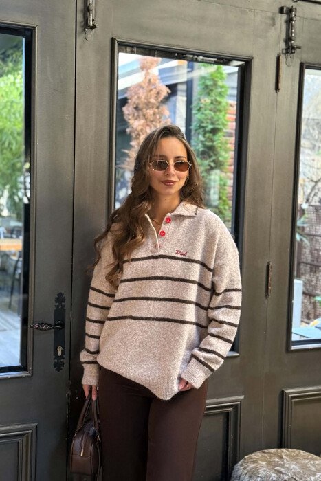 POLO NECK ONE COLOR WOMAN SWEATER BEIGE/BEZHE - KLAUDIO FASHION