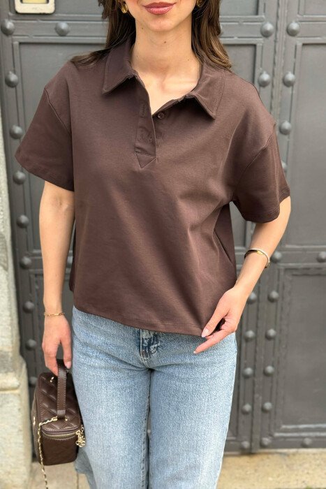 POLO NECK ONE COLOR WOMAN T-SHIRT BROWN/KAFE - 3