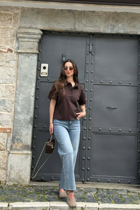 POLO NECK ONE COLOR WOMAN T-SHIRT BROWN/KAFE - 4