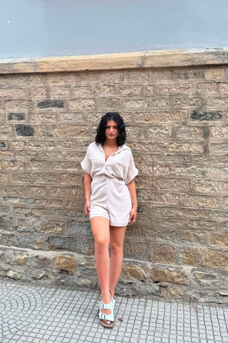 POLO NECK ONE COLOR WOMEN JUMPSUIT BEIGE/BEZHE - KLAUDIO FASHION