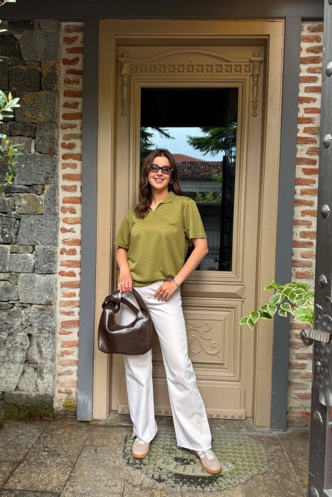POLO NECK ONE COLOR WOMEN T-SHIRT + 6 PAIR SOCKS GREEN/JESHILE - 4