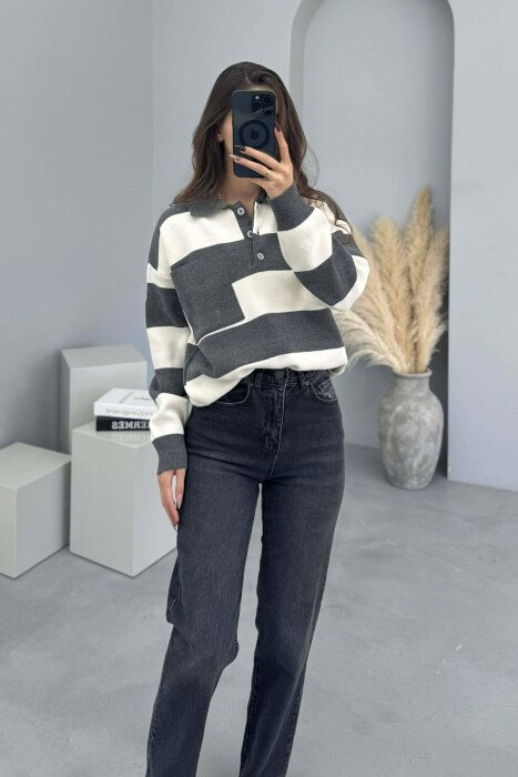 POLO NECK POCKET DETAIL STRIPED WOMEN SWEATER GREY/GRI - KLAUDIO FASHION