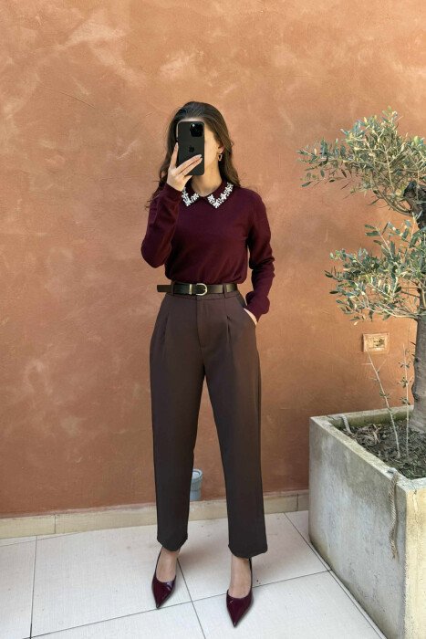 TRIKO ME JAKË POLO & DIZANJ GURËSH ME SHKËLQIM PËR FEMRA NË NGJYRËN VISHNJË 