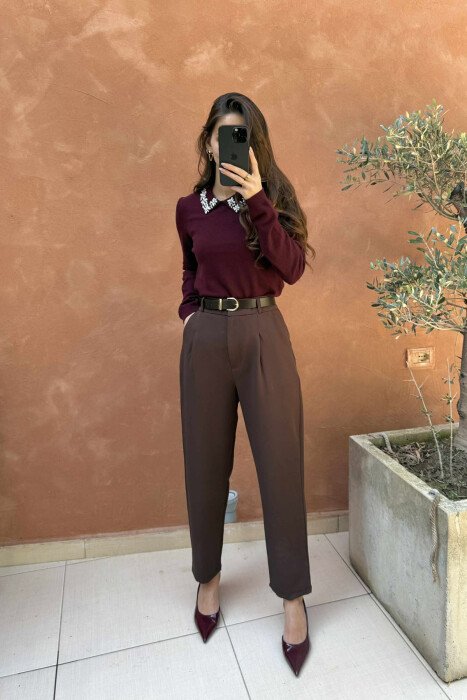 POLO NECK SHINY STONES DETAIL WOMEN SWEATER BURGUNDY/VISHNJE - 2