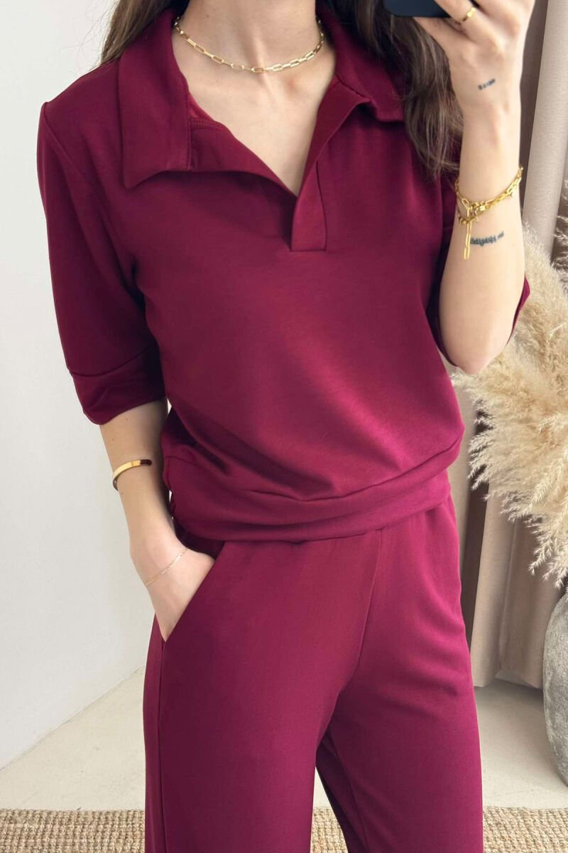 POLO NECK SHIRT+TROUSERS ONE COLOR WOMEN SET BURGUNDY/VISHNJE - 3