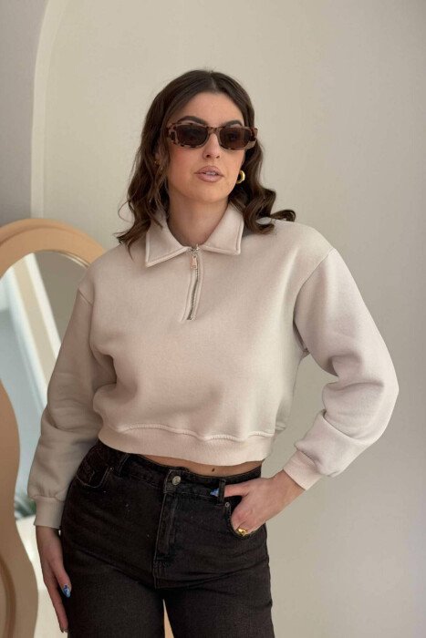 BLUZË E SHKURTËR ME PUSH PËR FEMRA NË NGJYRËN KREM - KLAUDIO FASHION