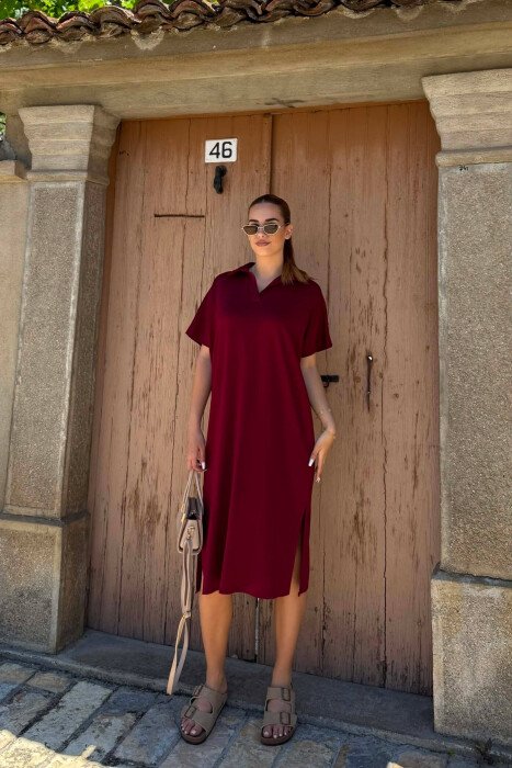 POLO NECK SHORT SLEEVE WOMAN DRESS BURGUNDY/VISHNJE 