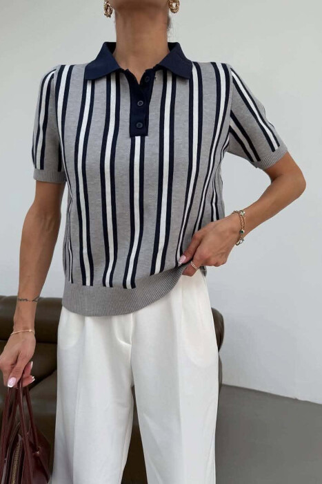 POLO NECK SHORT SLEEVES STRIPE DESIGN WOMAN SWEATER GREY/GRI - KLAUDIO FASHION