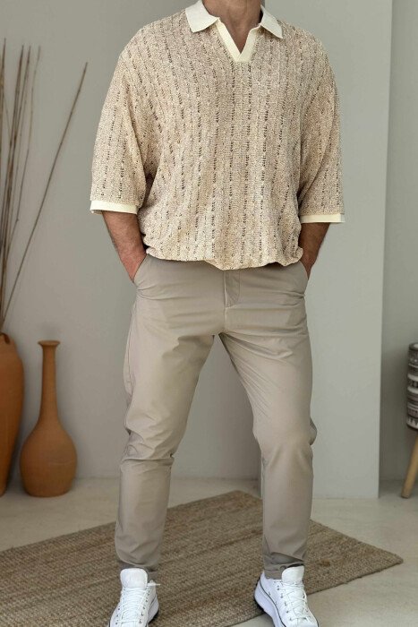 POLO NECK SIMPLE MEN T-SHIRT BEIGE/BEZHE - 1
