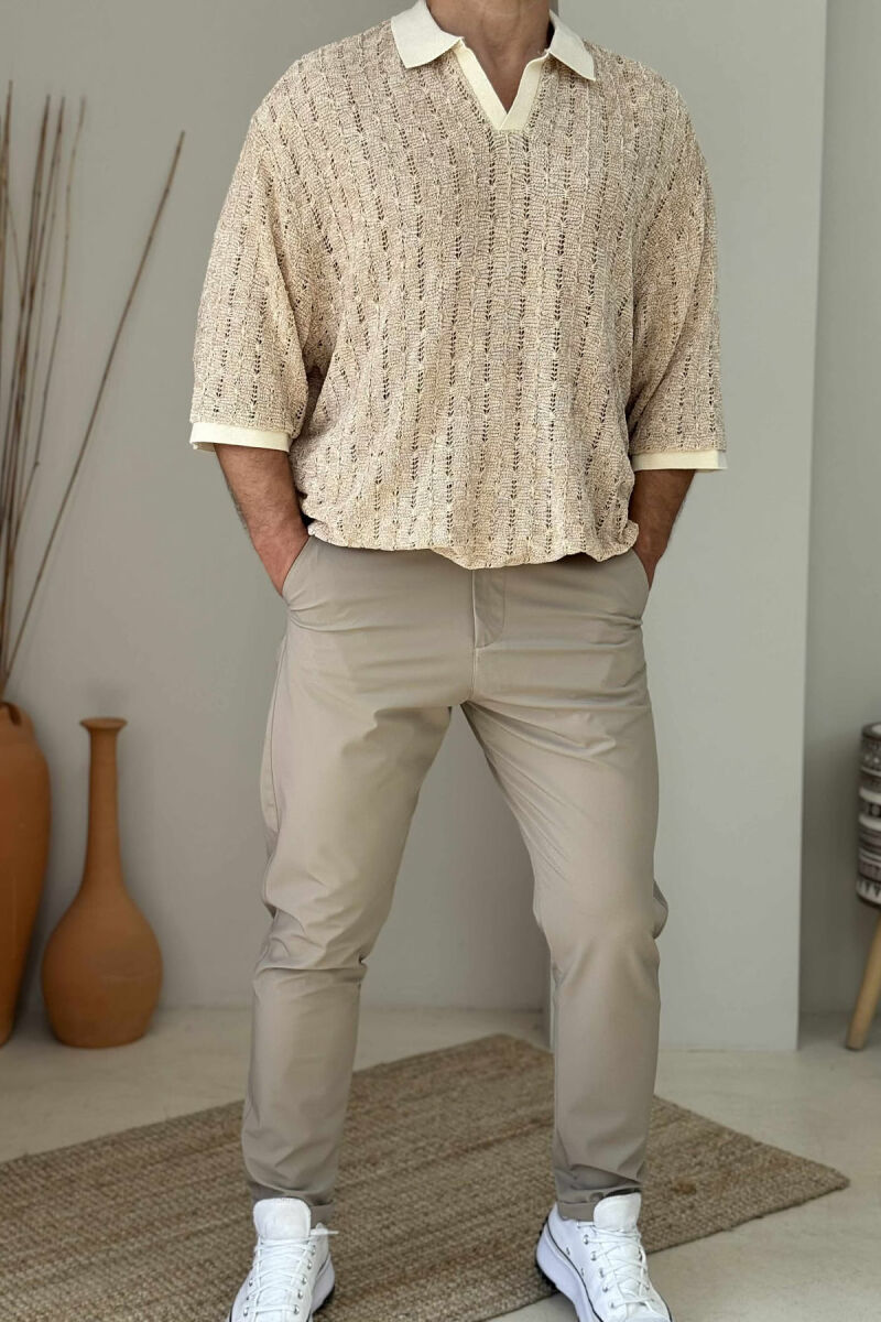 POLO NECK SIMPLE MEN T-SHIRT BEIGE/BEZHE - 1