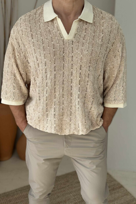 POLO NECK SIMPLE MEN T-SHIRT BEIGE/BEZHE - 2