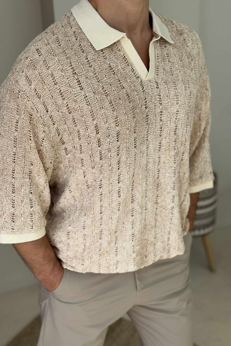 POLO NECK SIMPLE MEN T-SHIRT BEIGE/BEZHE - 4