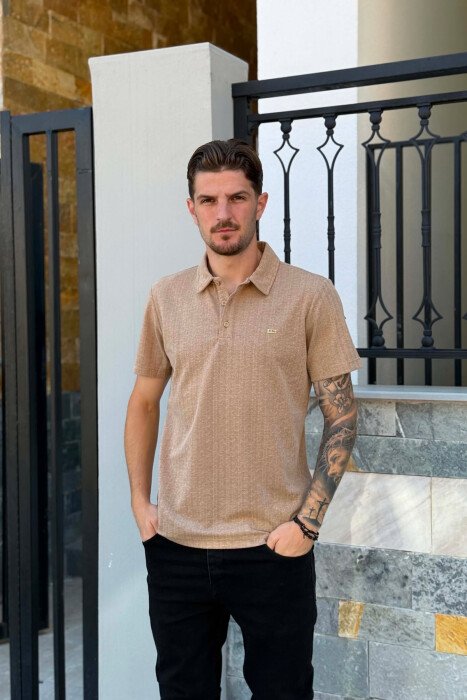 POLO NECK SIMPLE MEN T-SHIRT BEIGE/BEZHE - KLAUDIO FASHION