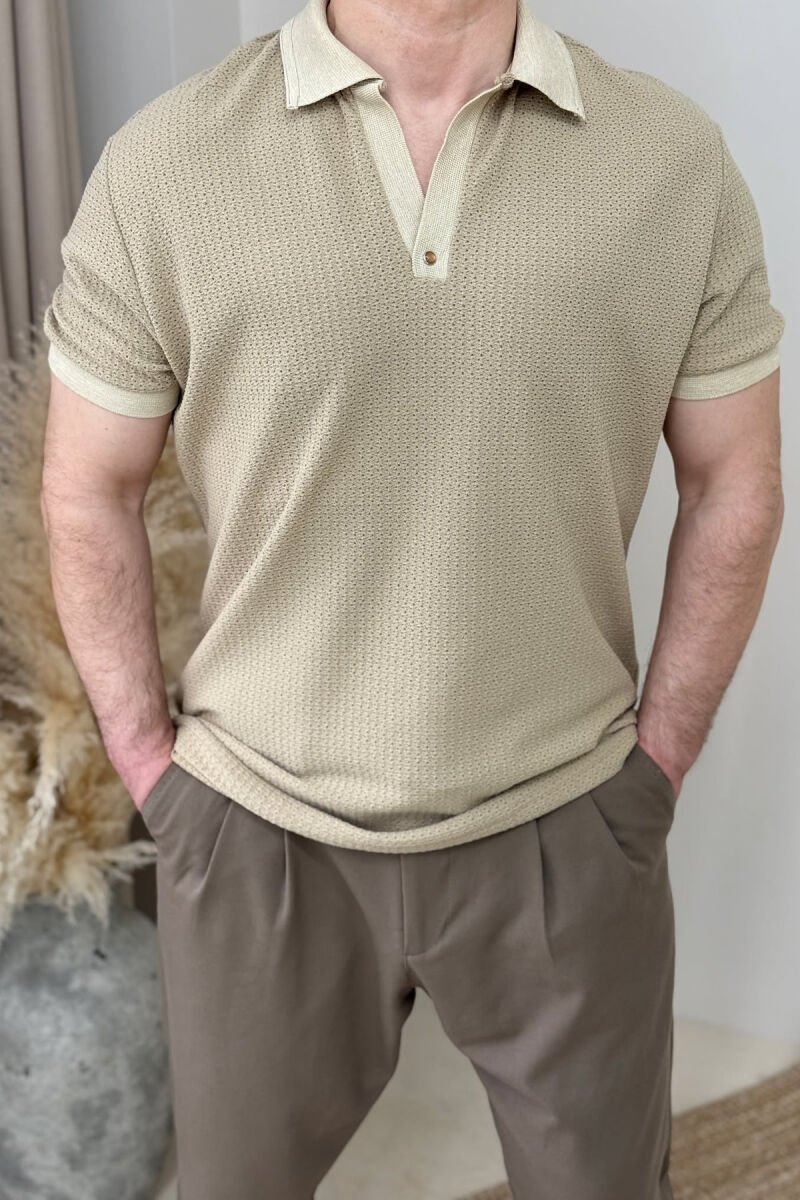 POLO NECK SIMPLE MEN T-SHIRT BEIGE/BEZHE - 1