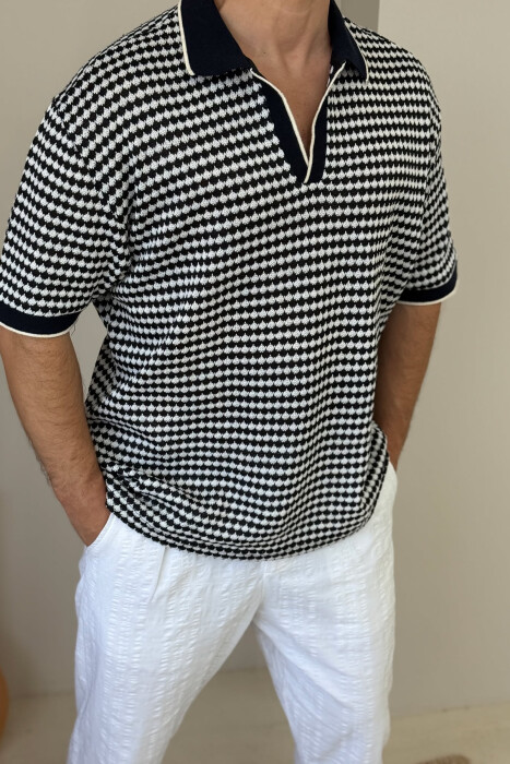 POLO NECK SIMPLE MEN T-SHIRT BLACK-WHITE/ZEBA - 3