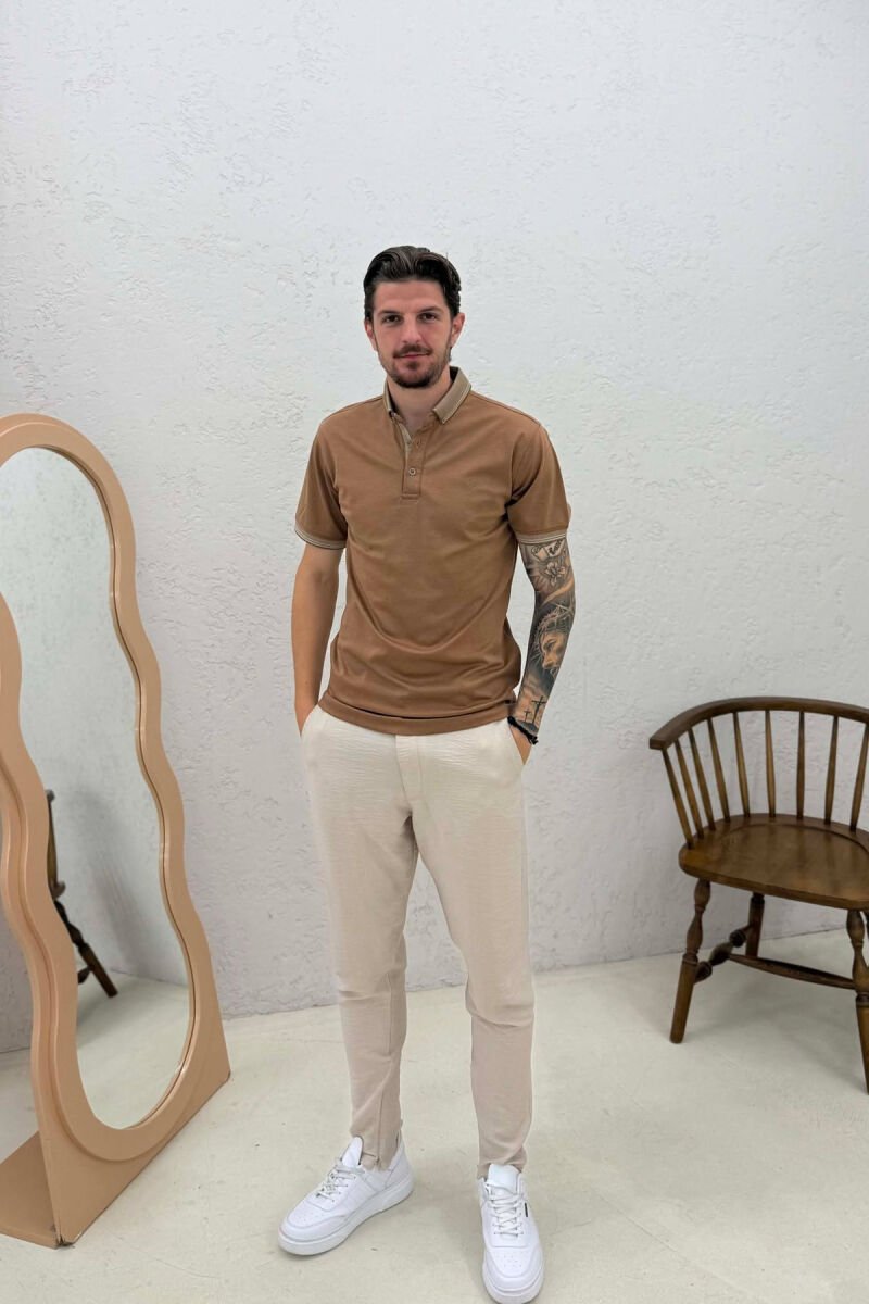 POLO NECK SIMPLE MEN T-SHIRT BROWN/KAFE - 3