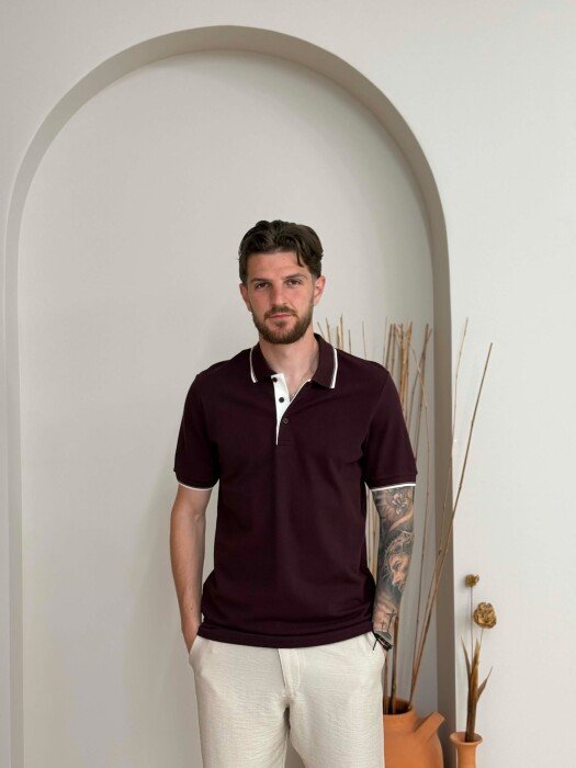 POLO NECK SIMPLE MEN T-SHIRT BURGUNDY/VISHNJE - KLAUDIO FASHION