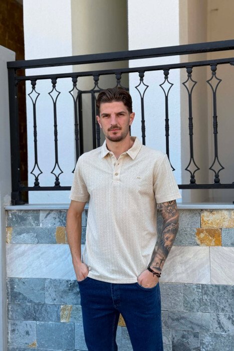 POLO NECK SIMPLE MEN T-SHIRT CREAM/KREM - KLAUDIO FASHION