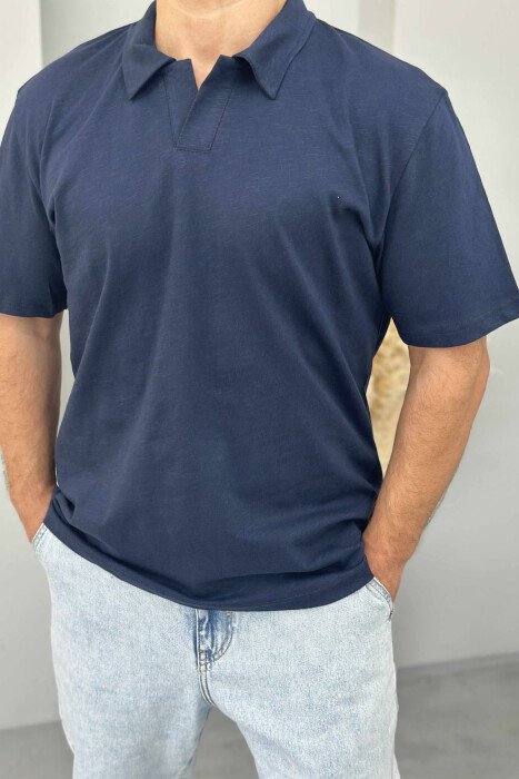 POLO NECK SIMPLE MEN T-SHIRT DARK BLUE/BEE - KLAUDIO FASHION