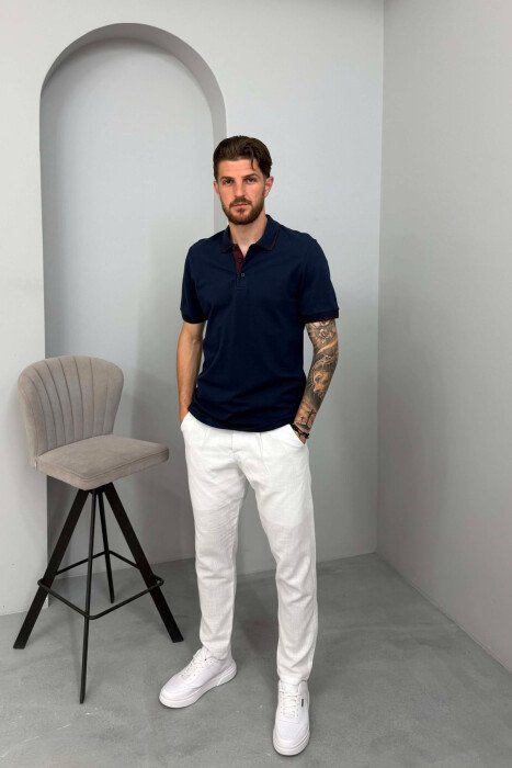POLO NECK SIMPLE MEN T-SHIRT DARK BLUE/BEE - 3