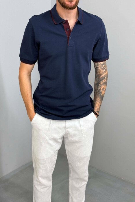 POLO NECK SIMPLE MEN T-SHIRT DARK BLUE/BEE - 4