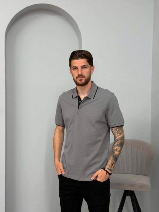 POLO NECK SIMPLE MEN T-SHIRT GREY/GRI - KLAUDIO FASHION
