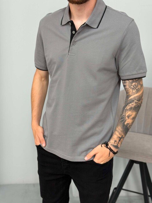 POLO NECK SIMPLE MEN T-SHIRT GREY/GRI - 4