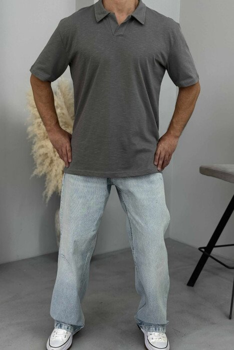POLO NECK SIMPLE MEN T-SHIRT GREY/GRI - KLAUDIO FASHION