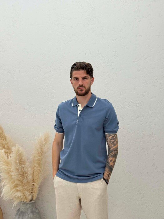 POLO NECK SIMPLE MEN T-SHIRT LIGHTBLUE/BZ - KLAUDIO FASHION