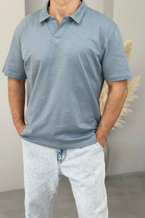 POLO NECK SIMPLE MEN T-SHIRT LIGHTBLUE/BZ - KLAUDIO FASHION