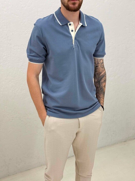 POLO NECK SIMPLE MEN T-SHIRT LIGHTBLUE/BZ - 4