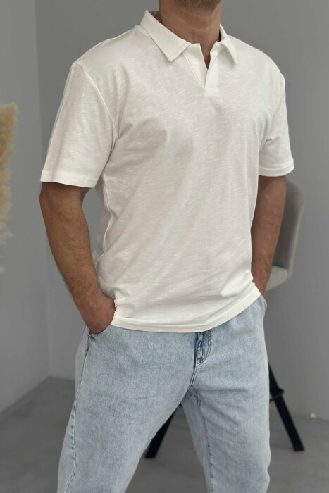 POLO NECK SIMPLE MEN T-SHIRT WHITE-E BARDHE - KLAUDIO FASHION