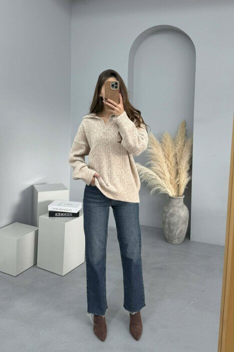 POLO NECK SIMPLE WOMEN SWEATER BEIGE/BEZHE - 2