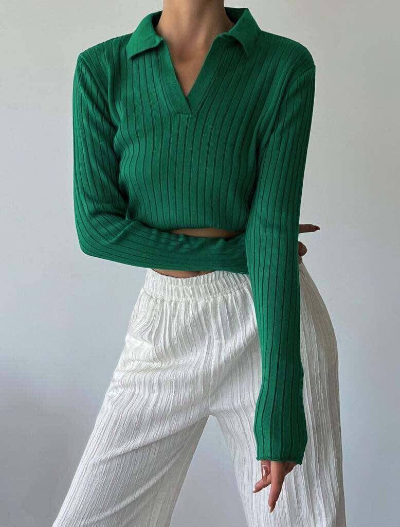 POLO NECK SIMPLE WOMEN SWEATER DARK GREEN/JEE - 1