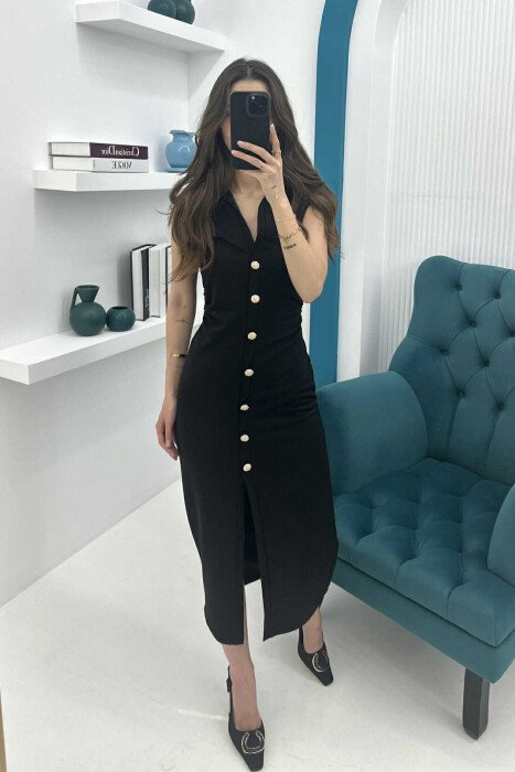 POLO NECK SLEEVELESS BUTTONED WOMEN DRESS BLACK/ E ZEZE - 7