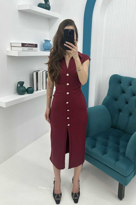 POLO NECK SLEEVELESS BUTTONED WOMEN DRESS BURGUNDY/VISHNJE - 4