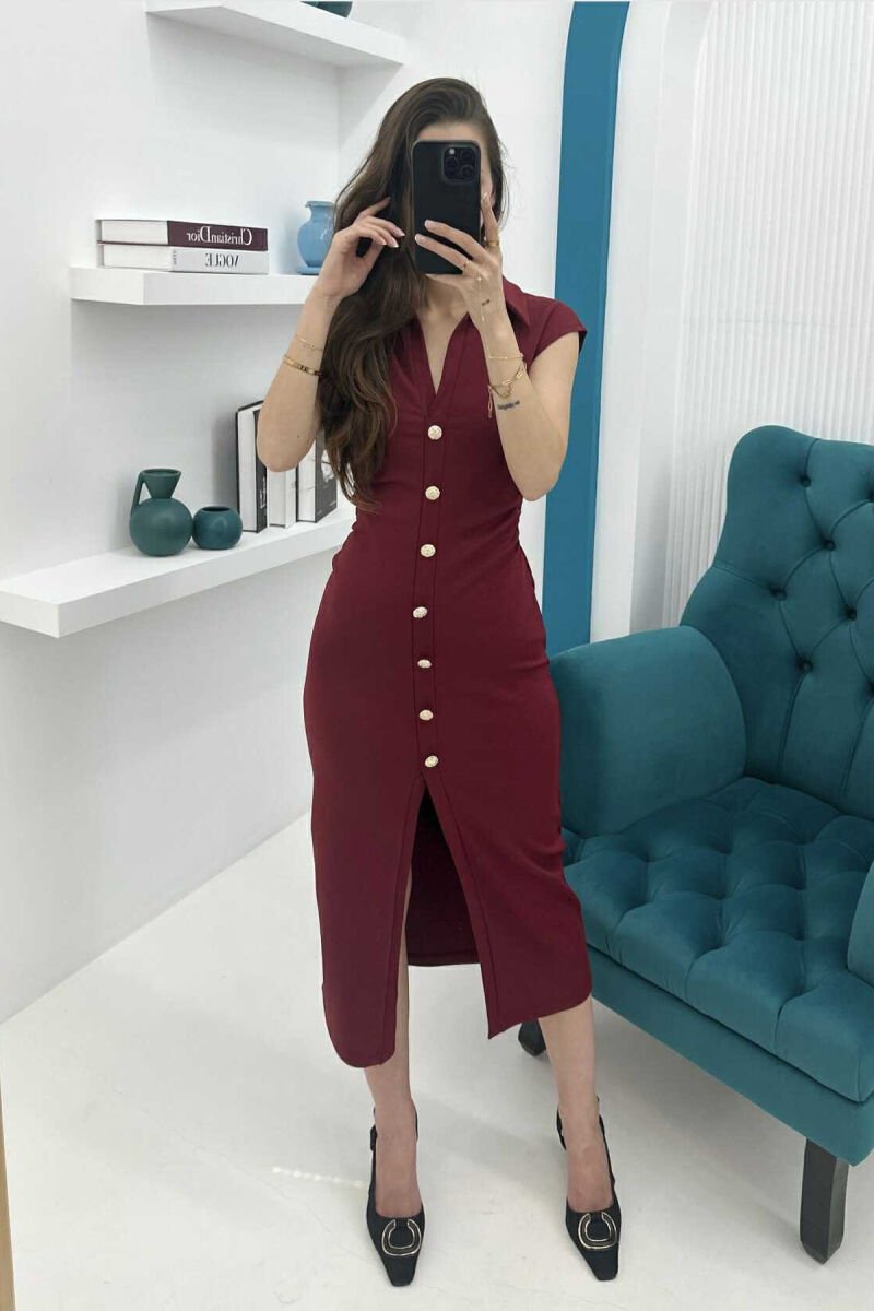 POLO NECK SLEEVELESS BUTTONED WOMEN DRESS BURGUNDY/VISHNJE - 5