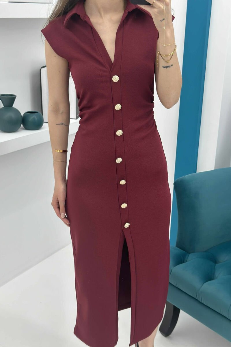 POLO NECK SLEEVELESS BUTTONED WOMEN DRESS BURGUNDY/VISHNJE - 7