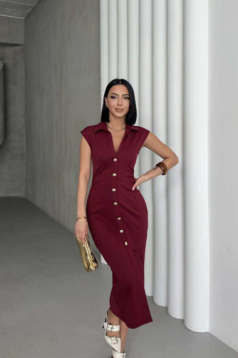 POLO NECK SLEEVELESS BUTTONED WOMEN DRESS BURGUNDY/VISHNJE - 1