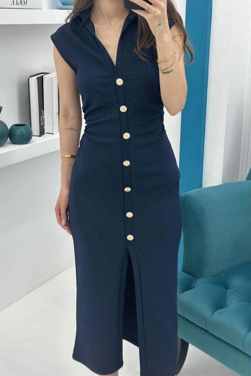 POLO NECK SLEEVELESS BUTTONED WOMEN DRESS DARK BLUE/BEE - 7