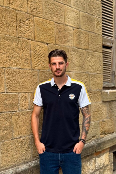 POLO NECK SMALL LOGO MEN T-SHIRT BLUE-YELLOW/BLVE - KLAUDIO FASHION