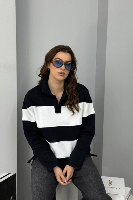 POLO NECK STRIPE DESIGN FLUFFY WOMEN SWEATSHIRT BLACK/ E ZEZE 