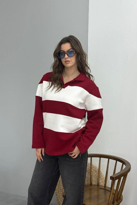 POLO NECK STRIPE DESIGN FLUFFY WOMEN SWEATSHIRT BURGUNDY/VISHNJE 