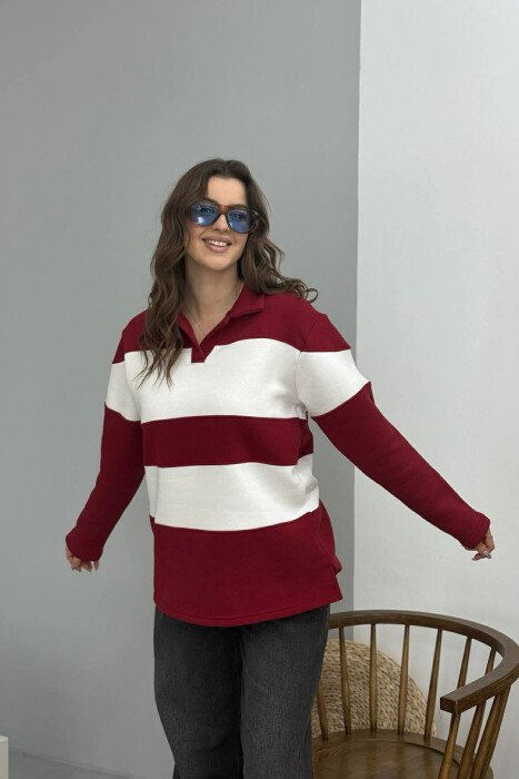 POLO NECK STRIPE DESIGN FLUFFY WOMEN SWEATSHIRT BURGUNDY/VISHNJE - 2