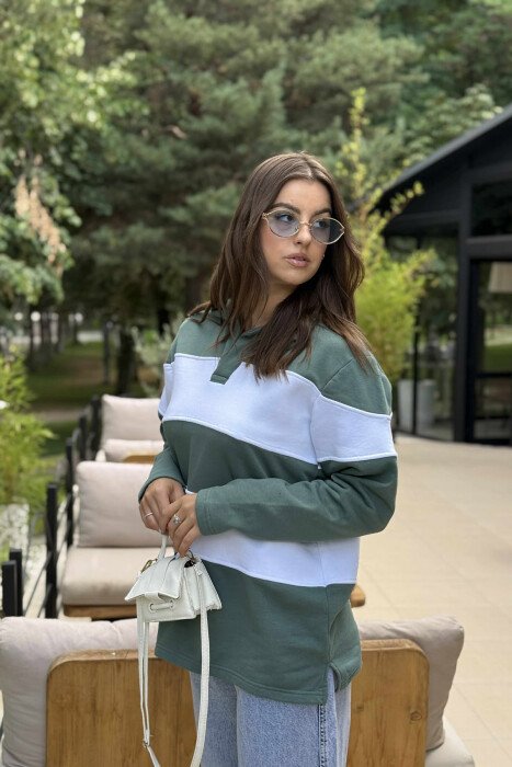 POLO NECK STRIPE DESIGN FLUFFY WOMEN SWEATSHIRT GREEN/JESHILE 