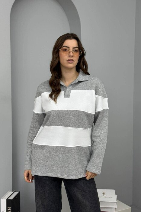 POLO NECK STRIPE DESIGN FLUFFY WOMEN SWEATSHIRT GREY/GRI - 1
